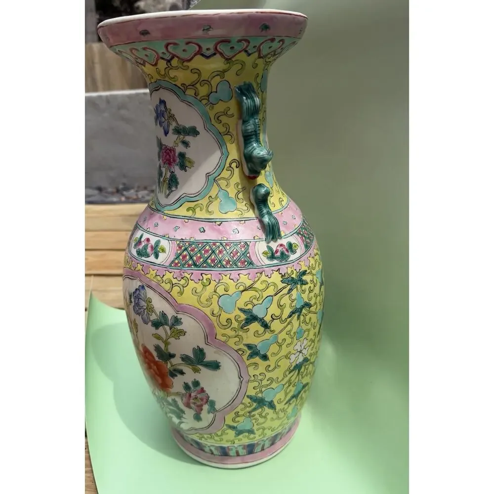 Antique Chinese Famille Rose Vase, 19th C. Large Yellow Porcelain Vase 17.5”